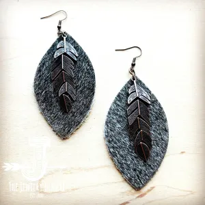 **Leather Oval Earrings Brown Hair Hide w/ Copper Feather 219o