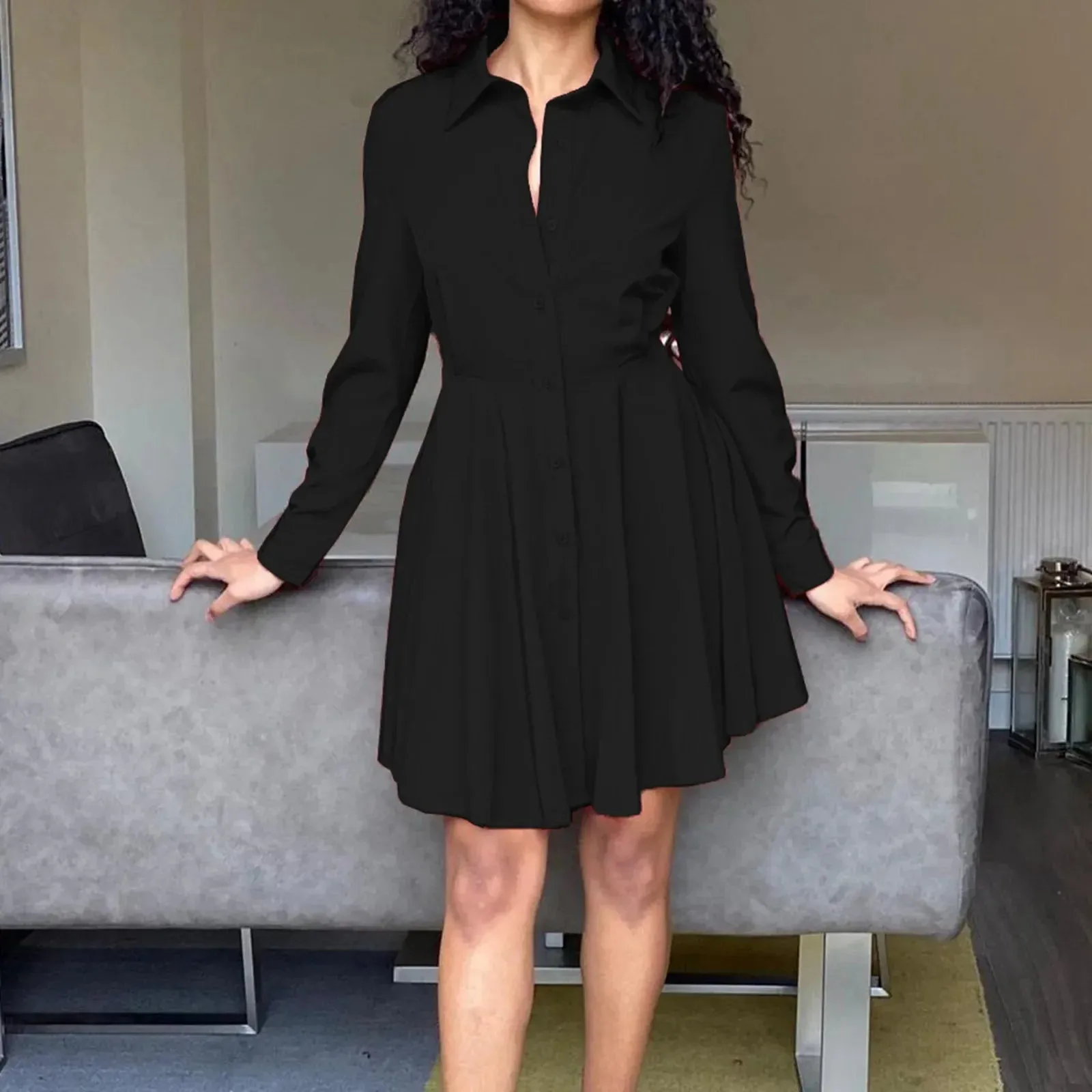Long-Sleeved Fashionable Pleated Office Solid Lapel Casual Mini Casual Spring/Summer Dress