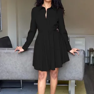 Long-Sleeved Fashionable Pleated Office Solid Lapel Casual Mini Casual Spring/Summer Dress