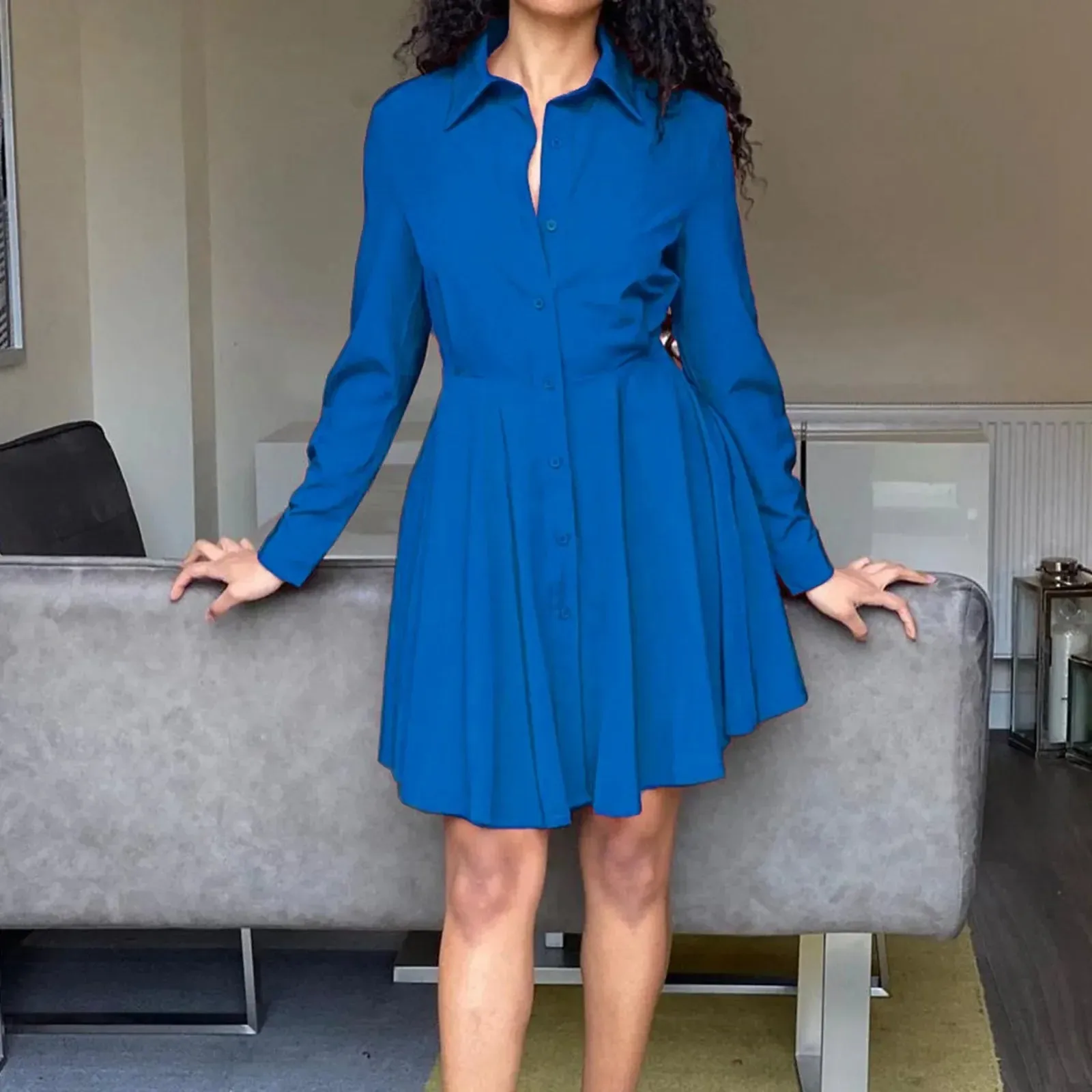 Long-Sleeved Fashionable Pleated Office Solid Lapel Casual Mini Casual Spring/Summer Dress