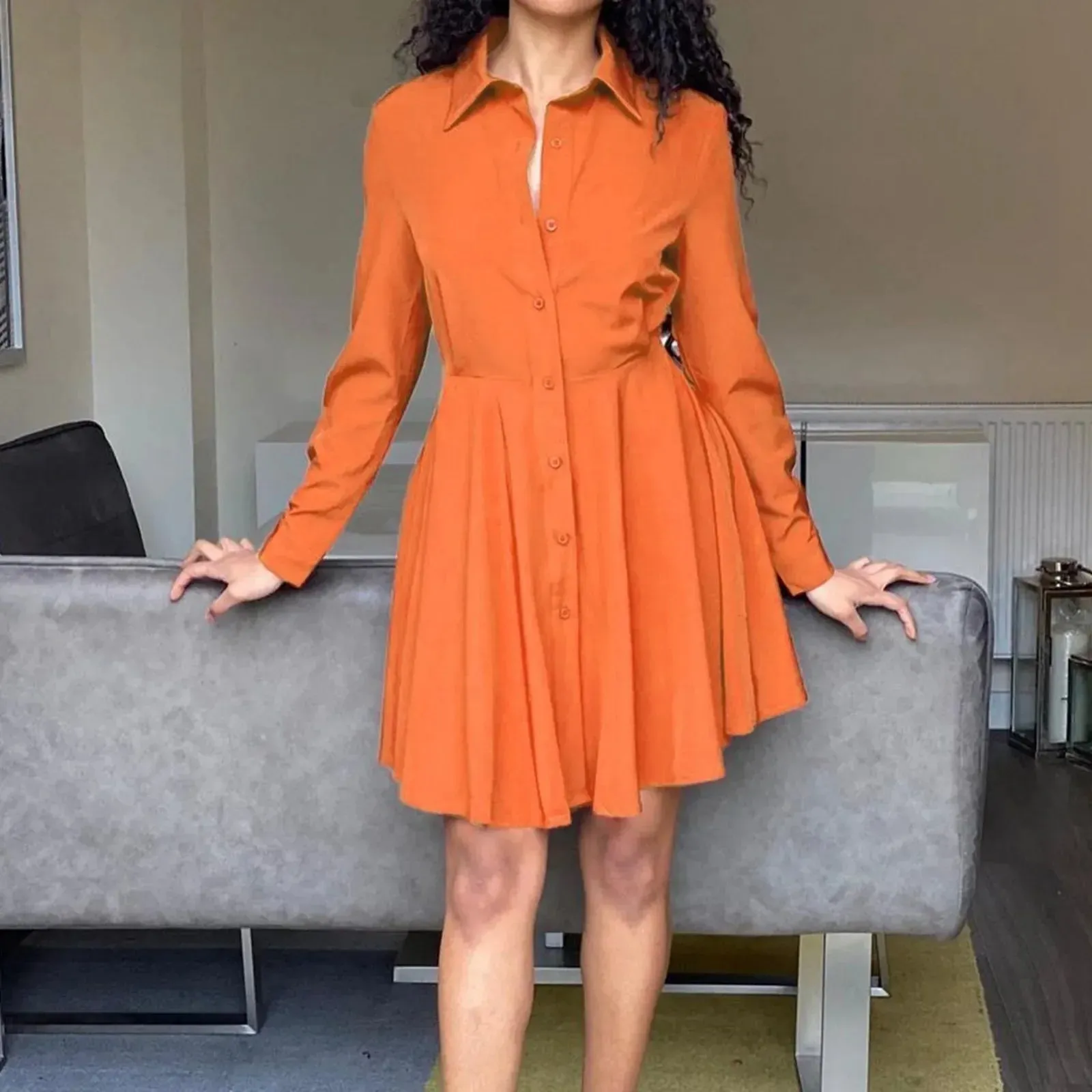 Long-Sleeved Fashionable Pleated Office Solid Lapel Casual Mini Casual Spring/Summer Dress