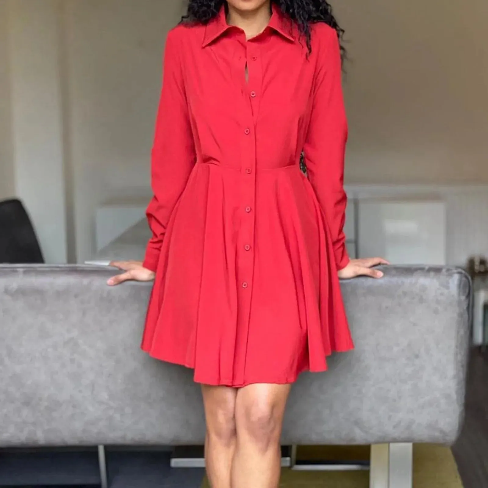 Long-Sleeved Fashionable Pleated Office Solid Lapel Casual Mini Casual Spring/Summer Dress