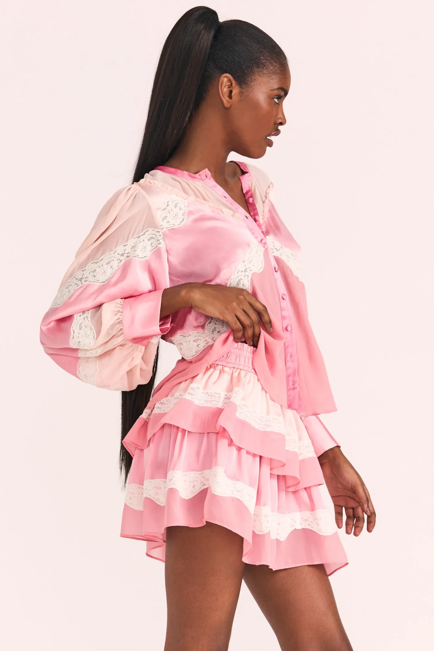 Love Shack Fancy - Fia Skirt in Pastel Pink Colorblock