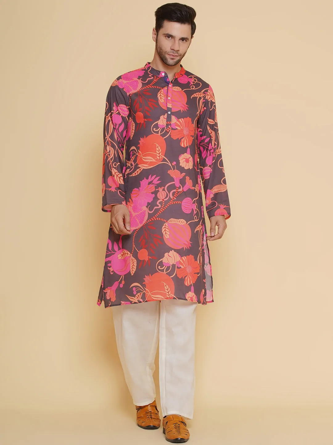 Men Black & Red Digital Floral Print Festive Kurta Pyjamas