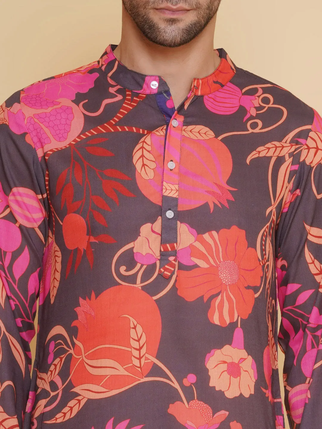 Men Black & Red Digital Floral Print Festive Kurta Pyjamas