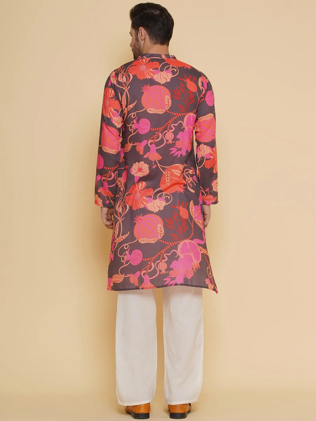 Men Black & Red Digital Floral Print Festive Kurta Pyjamas