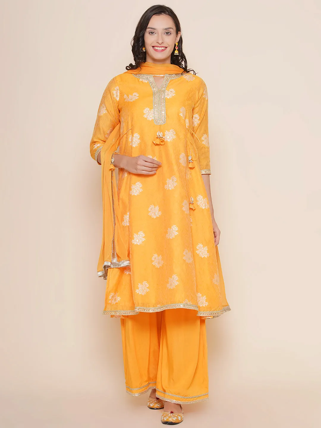 Mustard Yellow Self Design Booti Lace Detailing A-Line Kurta & Mustard Solid Palazzos With Dupatta