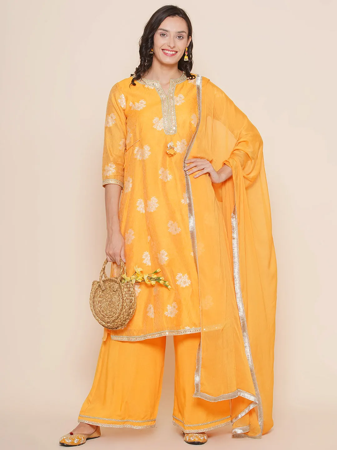 Mustard Yellow Self Design Booti Lace Detailing A-Line Kurta & Mustard Solid Palazzos With Dupatta