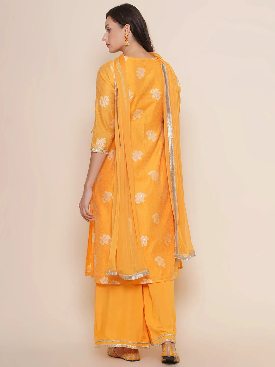 Mustard Yellow Self Design Booti Lace Detailing A-Line Kurta & Mustard Solid Palazzos With Dupatta