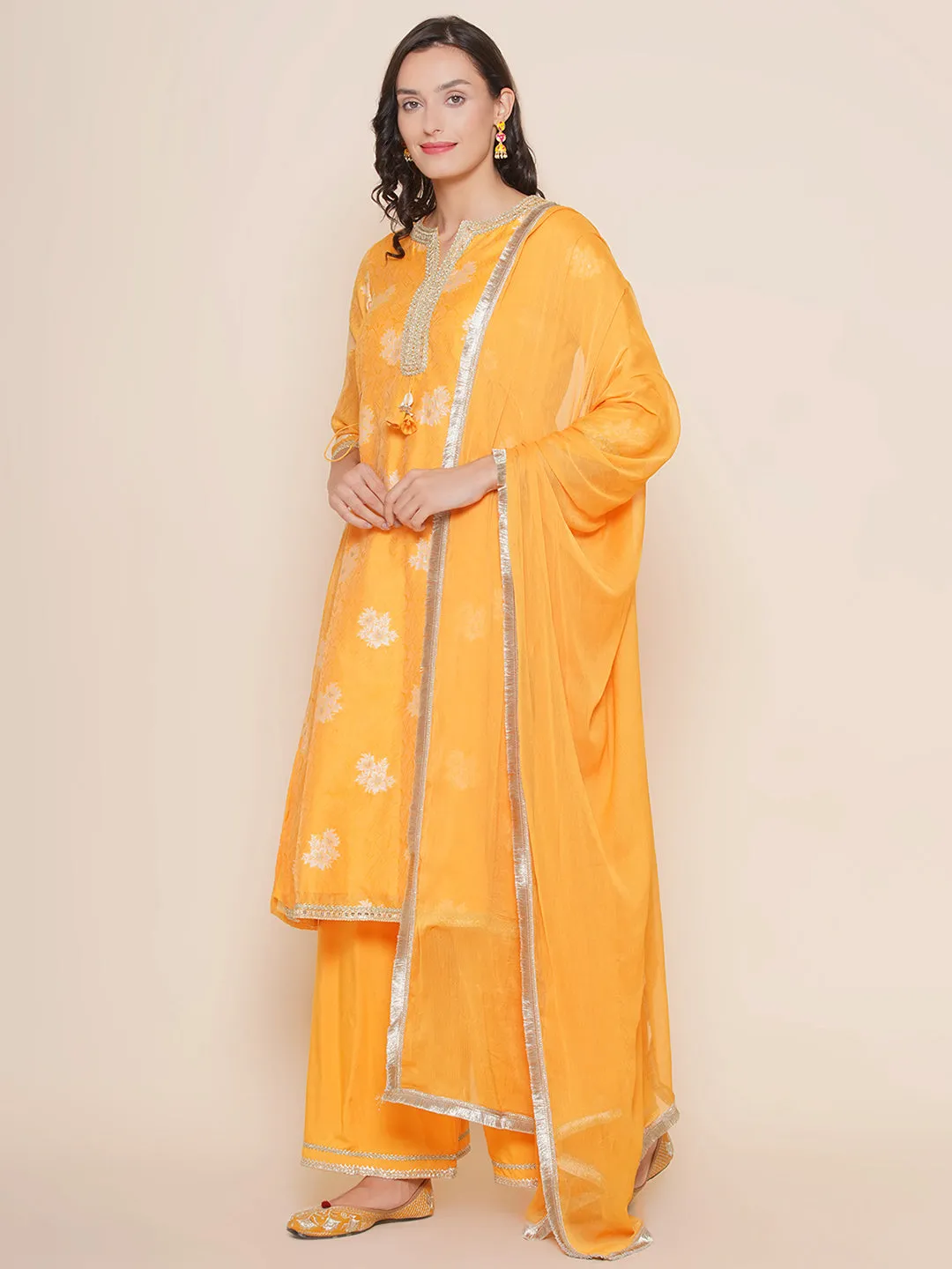 Mustard Yellow Self Design Booti Lace Detailing A-Line Kurta & Mustard Solid Palazzos With Dupatta