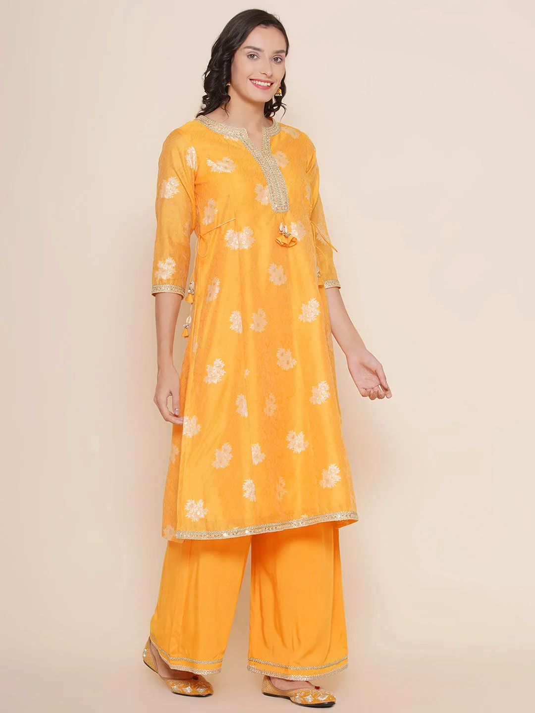 Mustard Yellow Self Design Booti Lace Detailing A-Line Kurta & Mustard Solid Palazzos With Dupatta