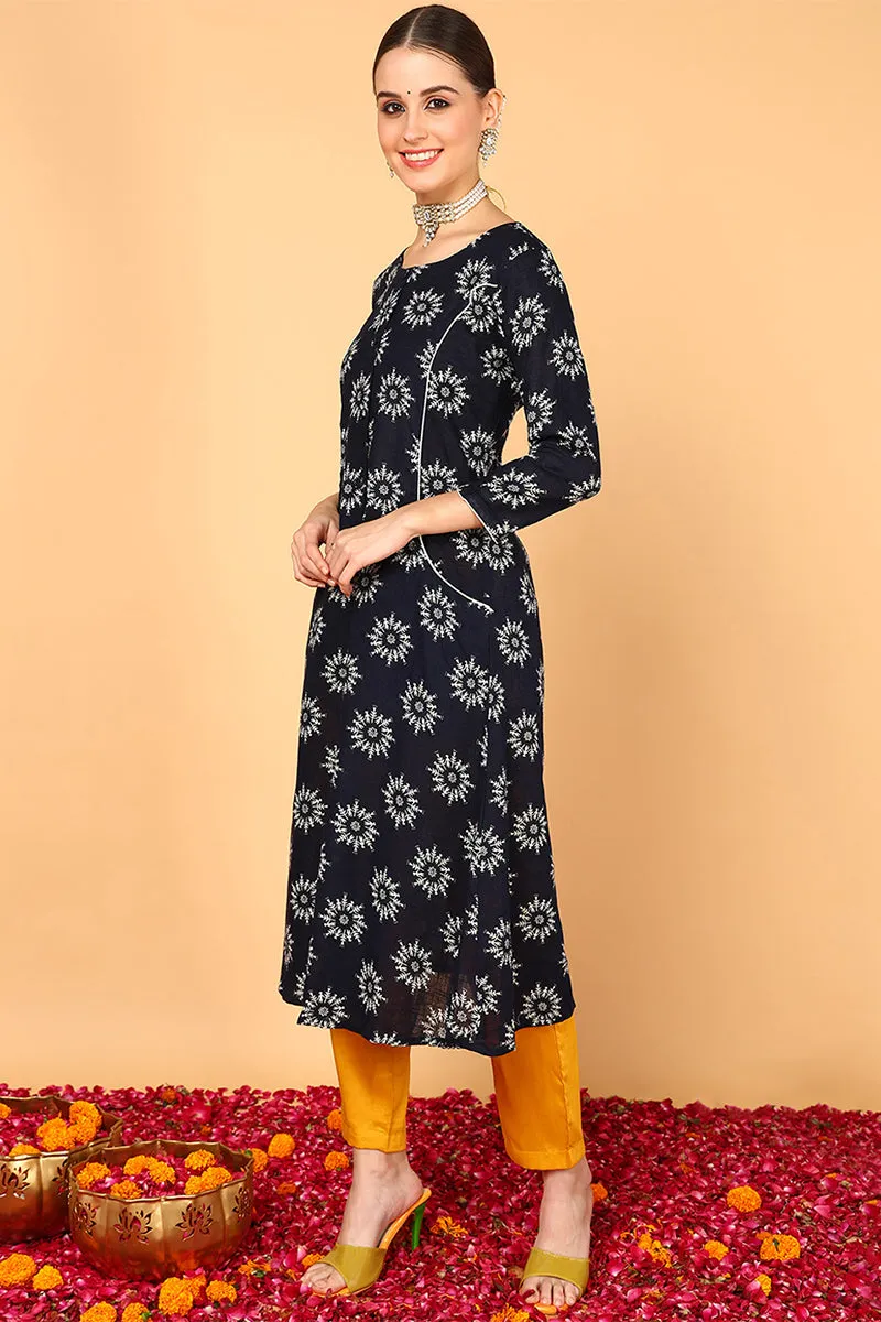 Navy Blue Cotton A-Line Kurta