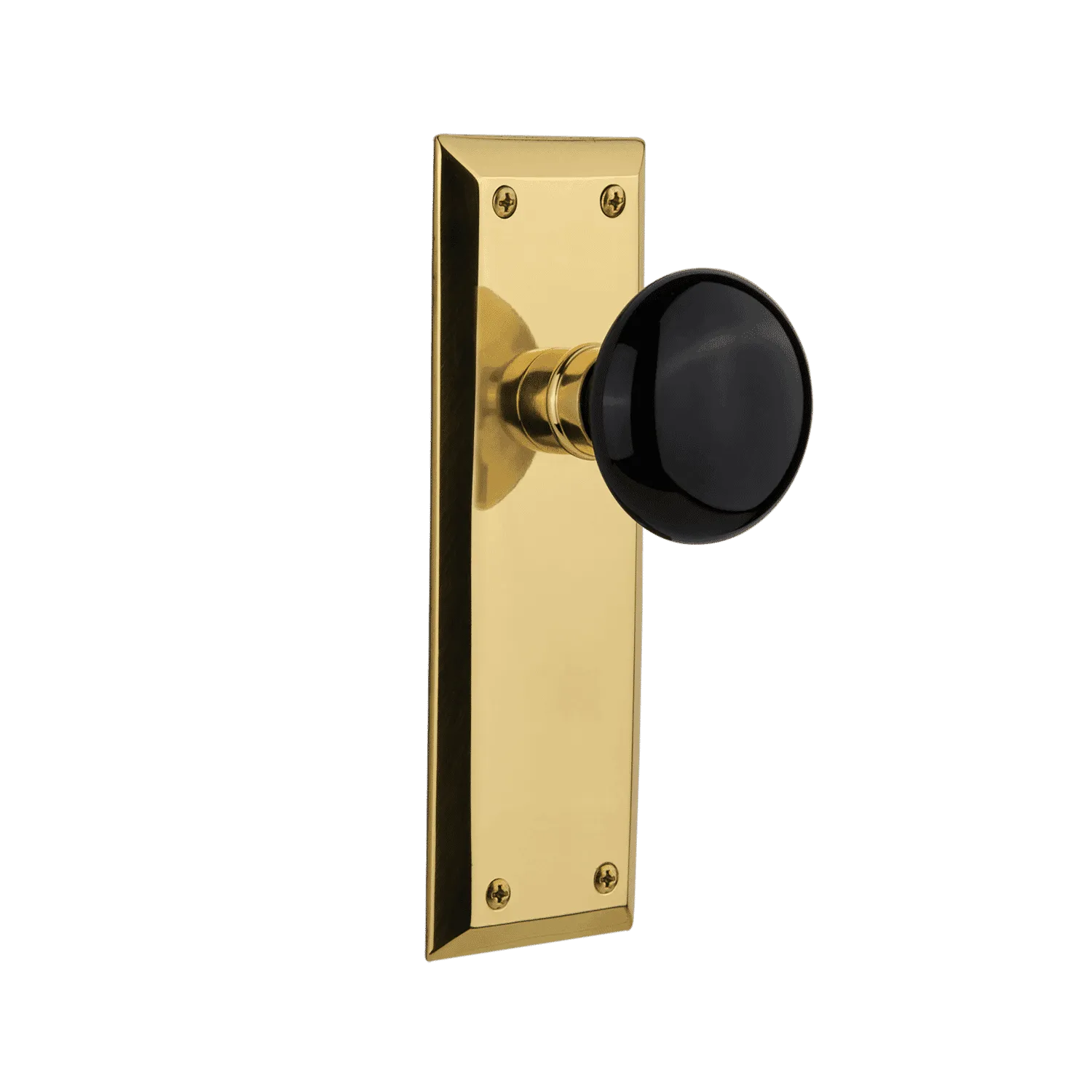 New York Long Plate with Black Porcelain Knob in Polished Brass