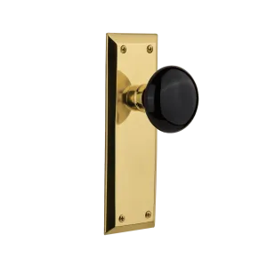 New York Long Plate with Black Porcelain Knob in Polished Brass