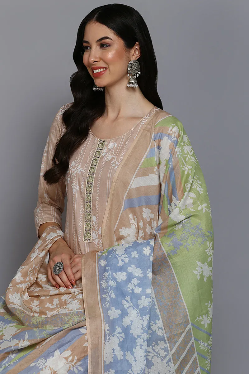 Nude Cotton Floral Straight Suit Set