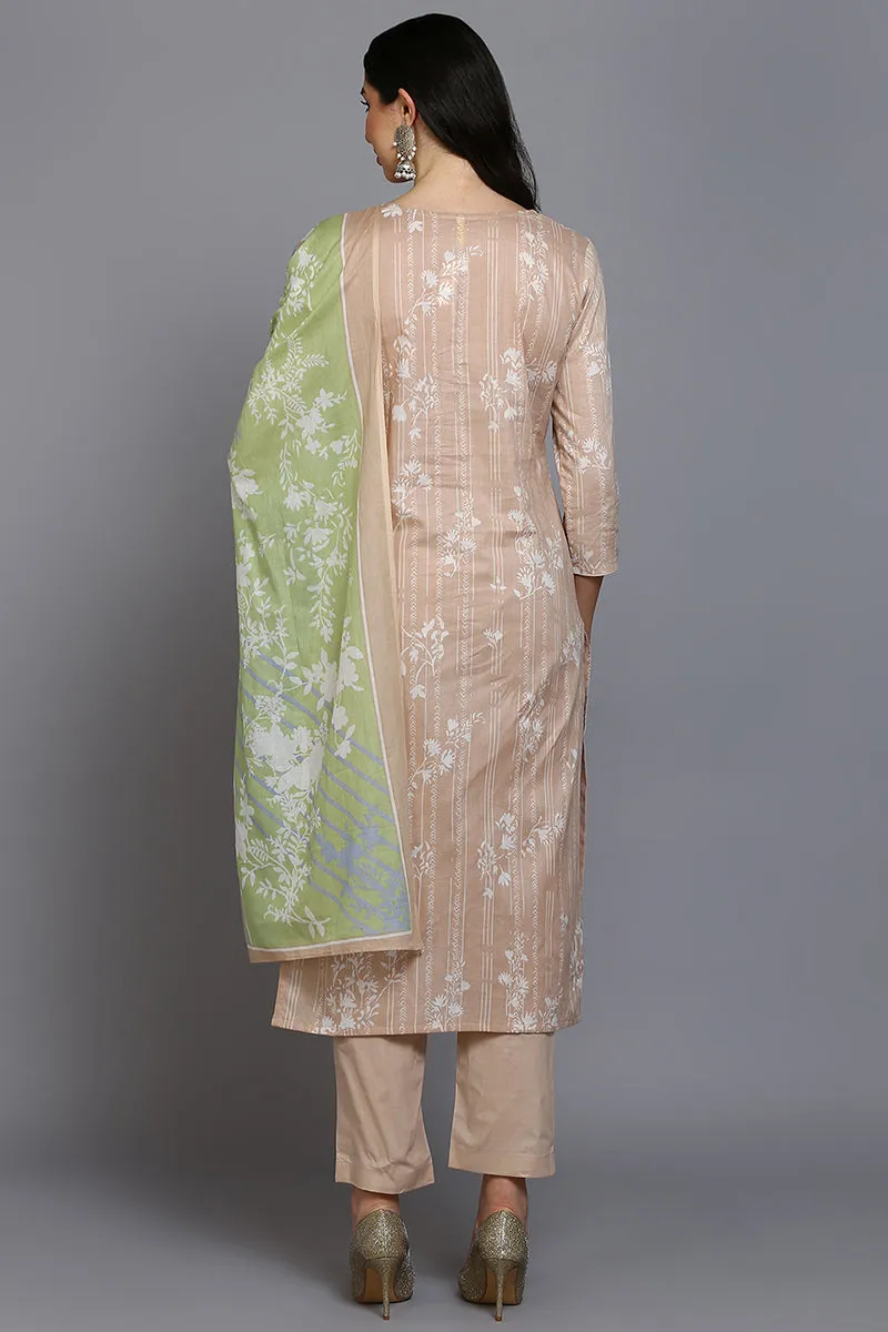 Nude Cotton Floral Straight Suit Set