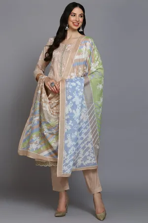 Nude Cotton Floral Straight Suit Set