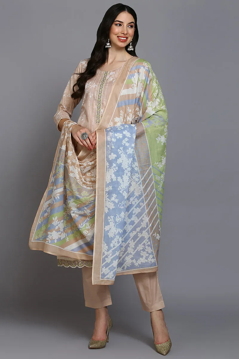 Nude Cotton Floral Straight Suit Set