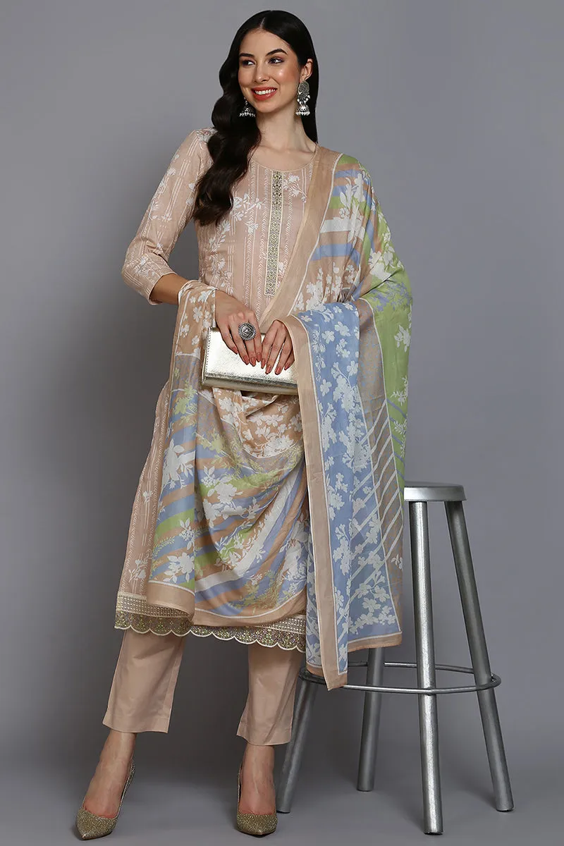 Nude Cotton Floral Straight Suit Set