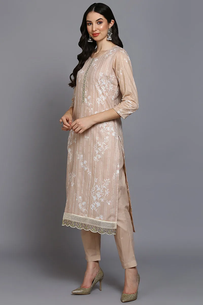 Nude Cotton Floral Straight Suit Set