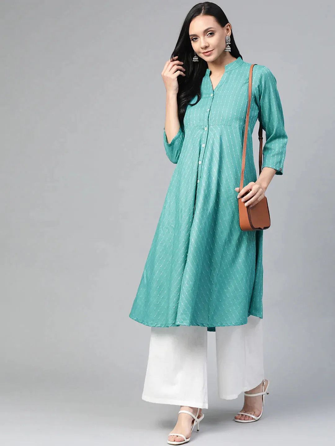 Ompers Women Green & White Woven Design Jacquard A-Line Kurta