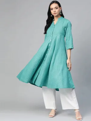 Ompers Women Green & White Woven Design Jacquard A-Line Kurta