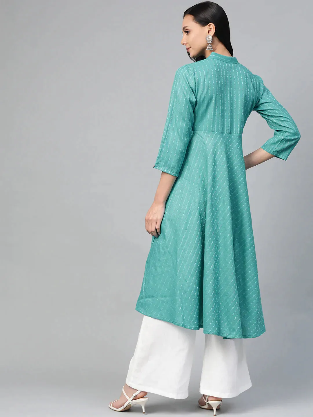 Ompers Women Green & White Woven Design Jacquard A-Line Kurta