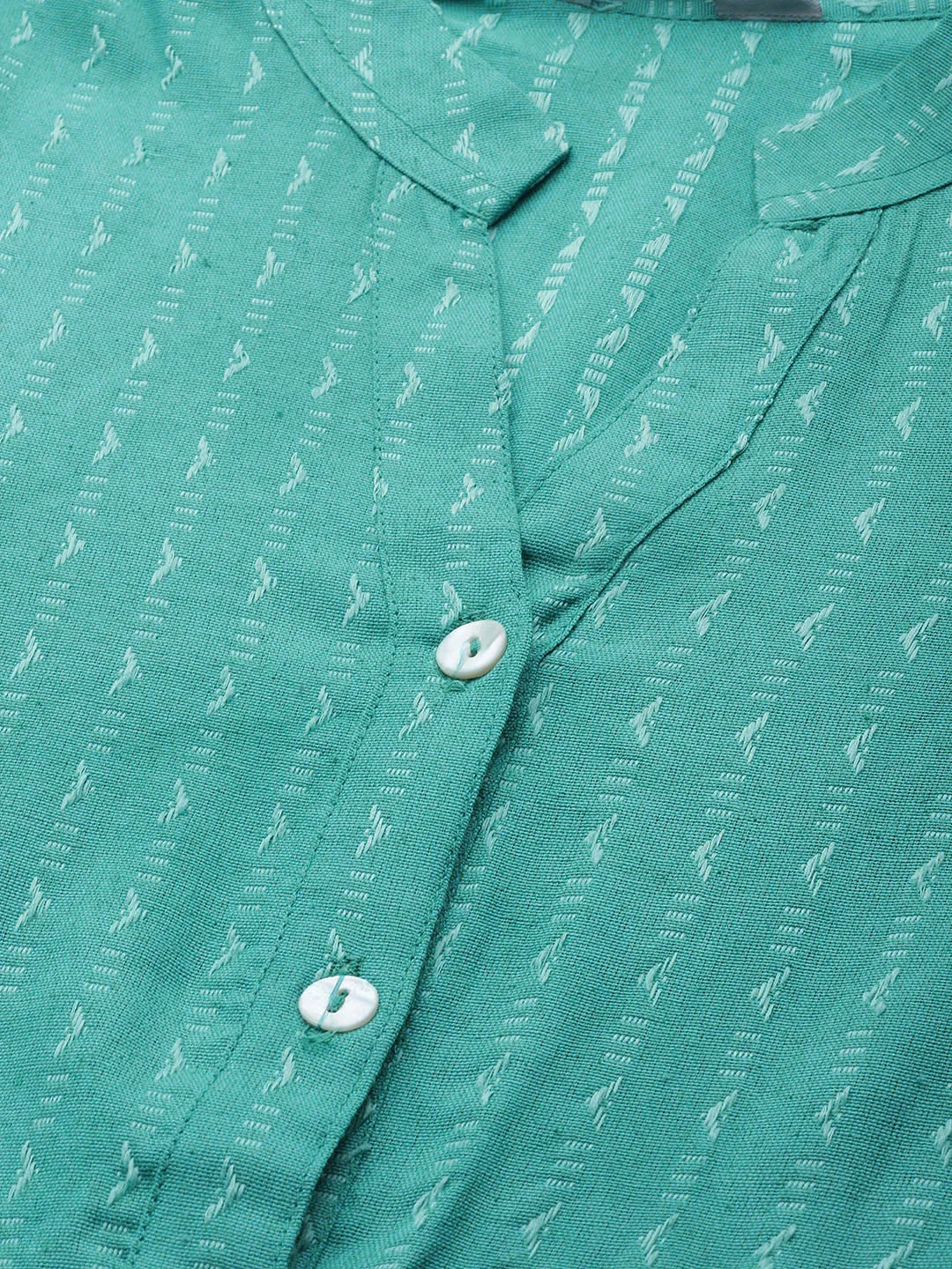 Ompers Women Green & White Woven Design Jacquard A-Line Kurta
