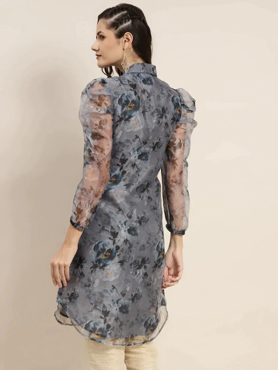 Organza Printed Puff Sleeves Kurta