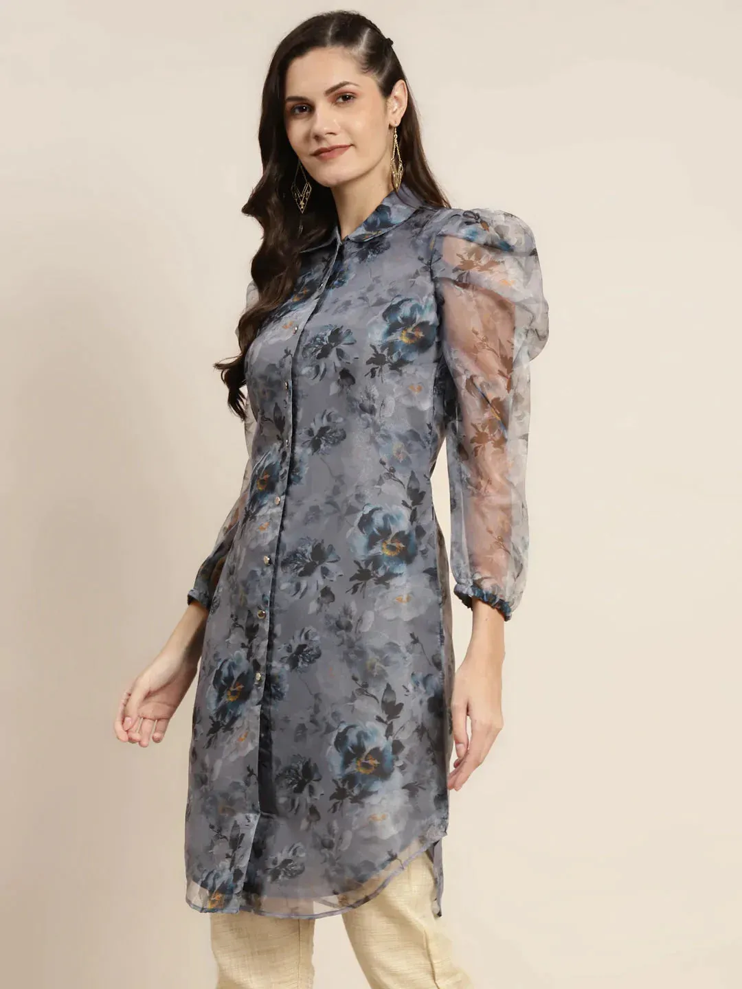 Organza Printed Puff Sleeves Kurta