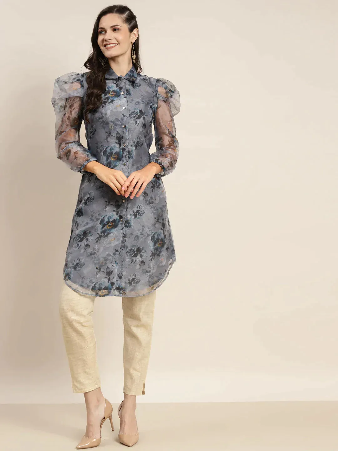 Organza Printed Puff Sleeves Kurta