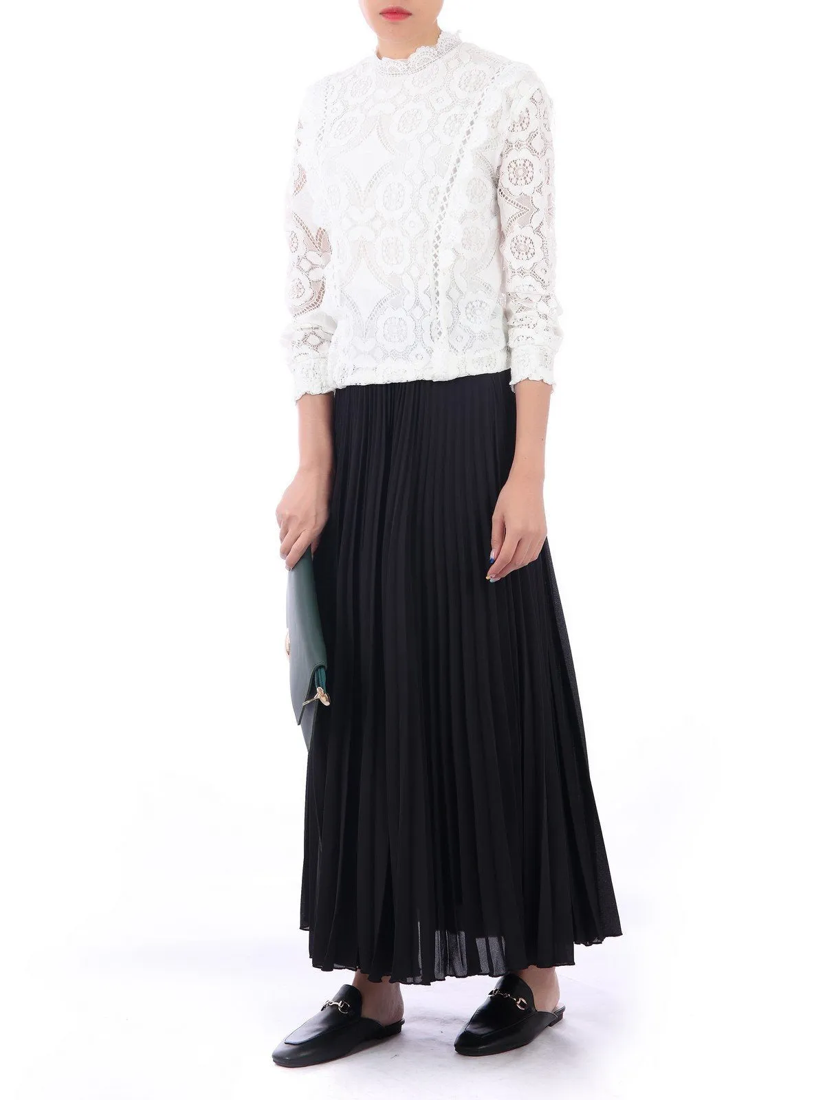 Pleated Crepe Maxi Skirt, Black