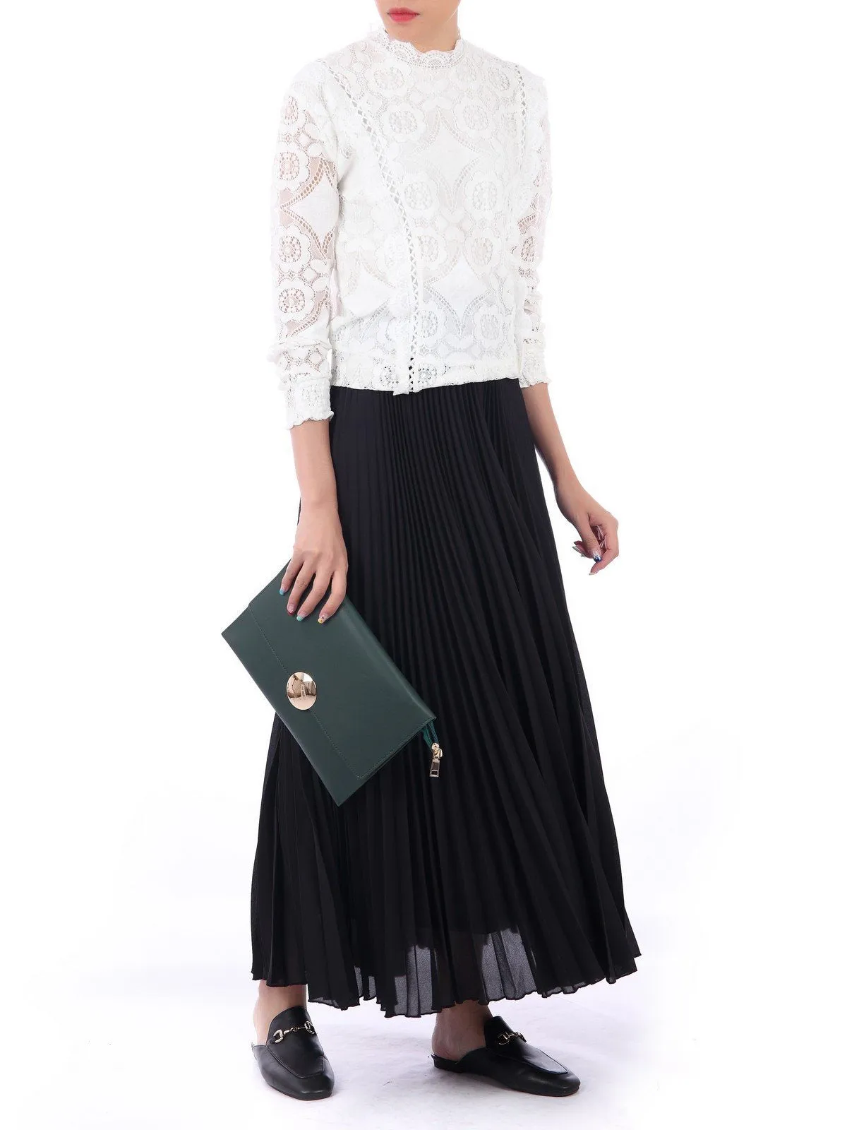 Pleated Crepe Maxi Skirt, Black