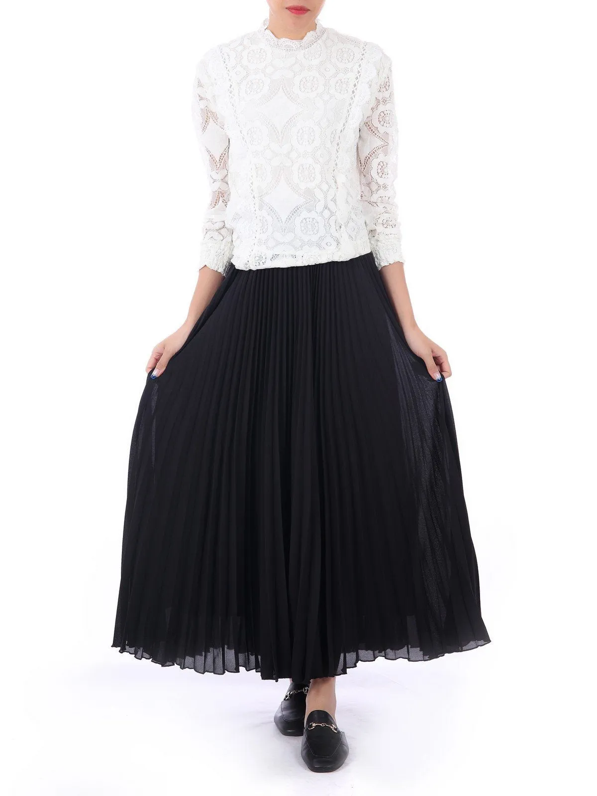 Pleated Crepe Maxi Skirt, Black