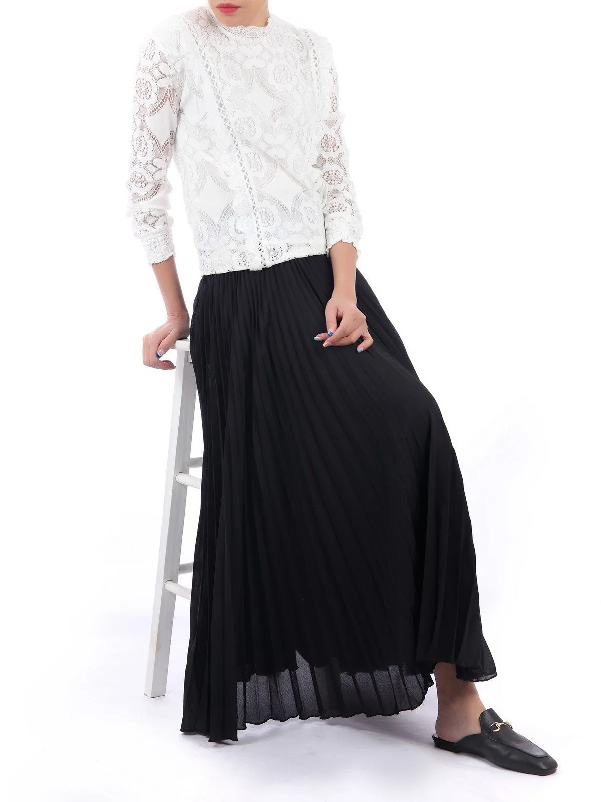 Pleated Crepe Maxi Skirt, Black