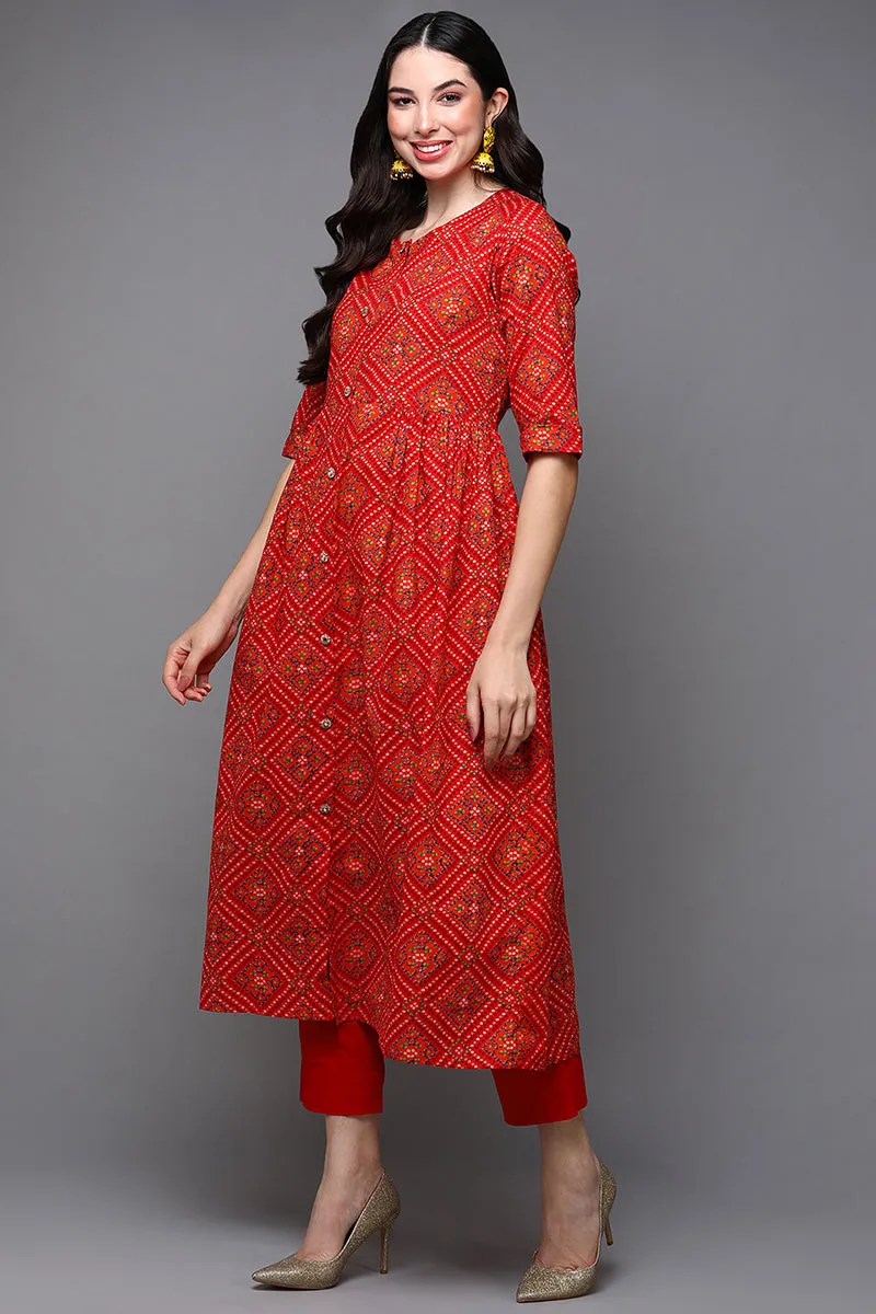 Red Cotton Bandhani A-Line Kurta