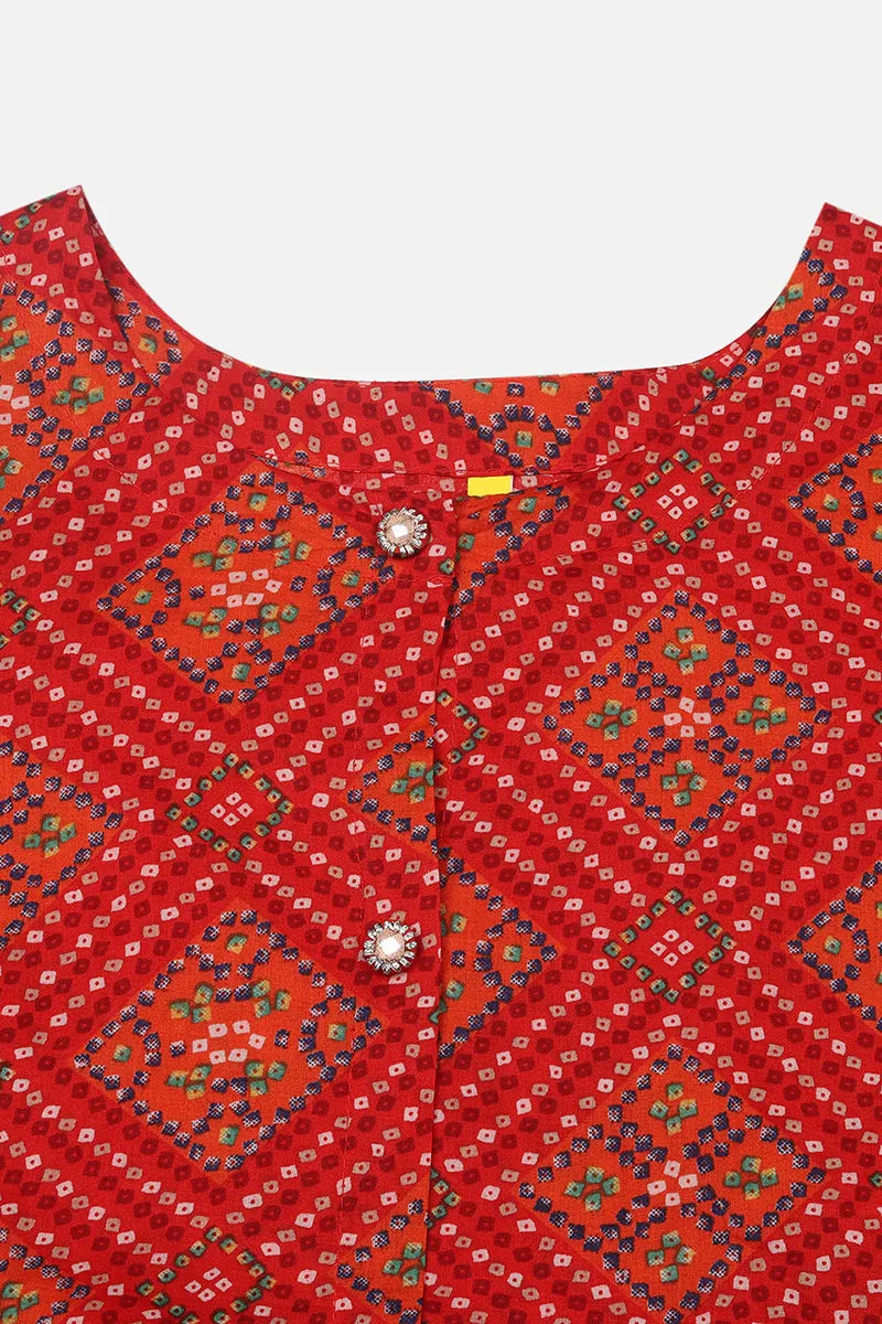 Red Cotton Bandhani A-Line Kurta