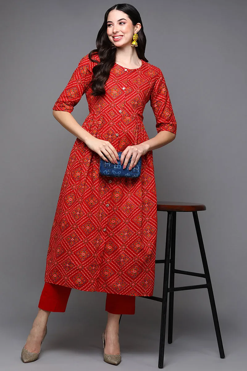 Red Cotton Bandhani A-Line Kurta