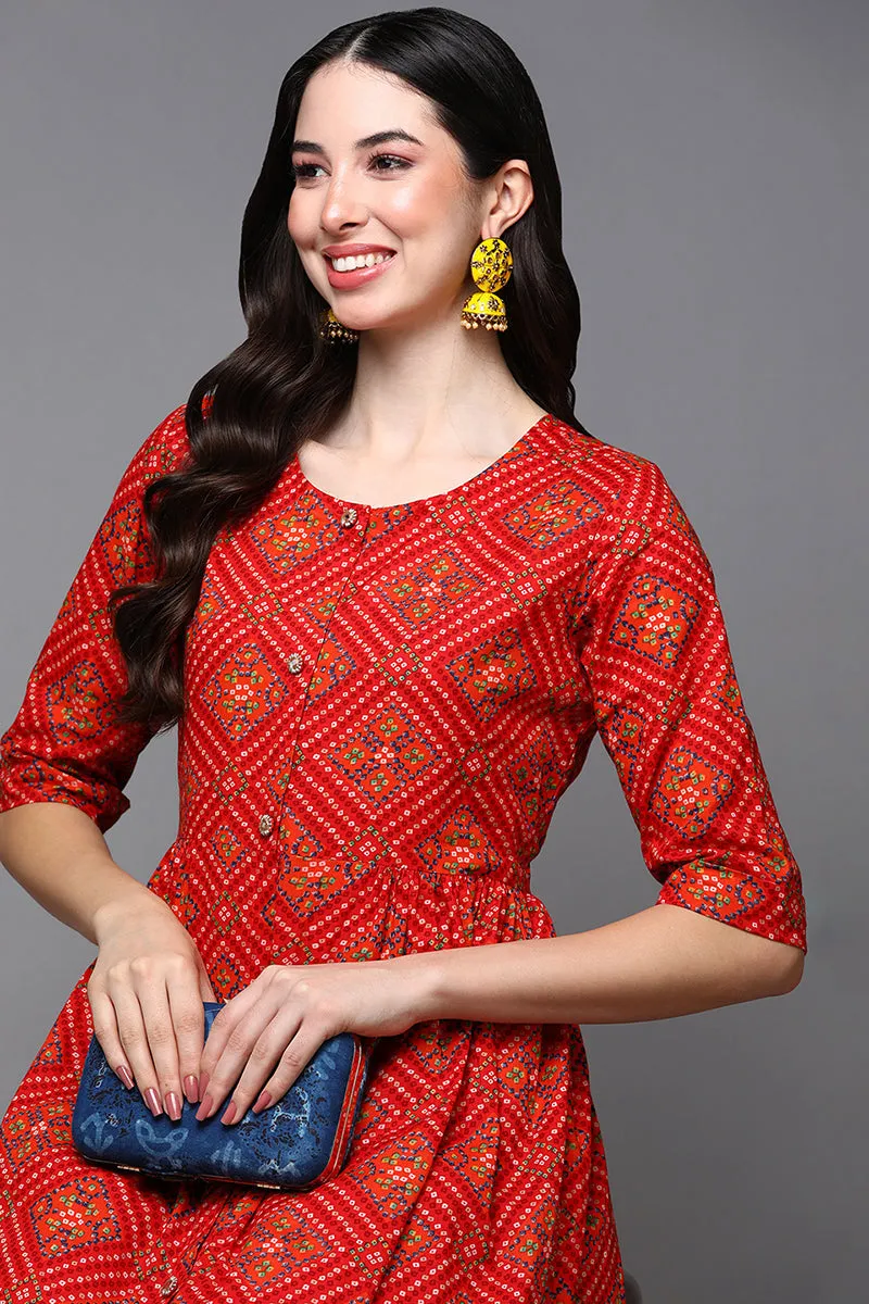 Red Cotton Bandhani A-Line Kurta