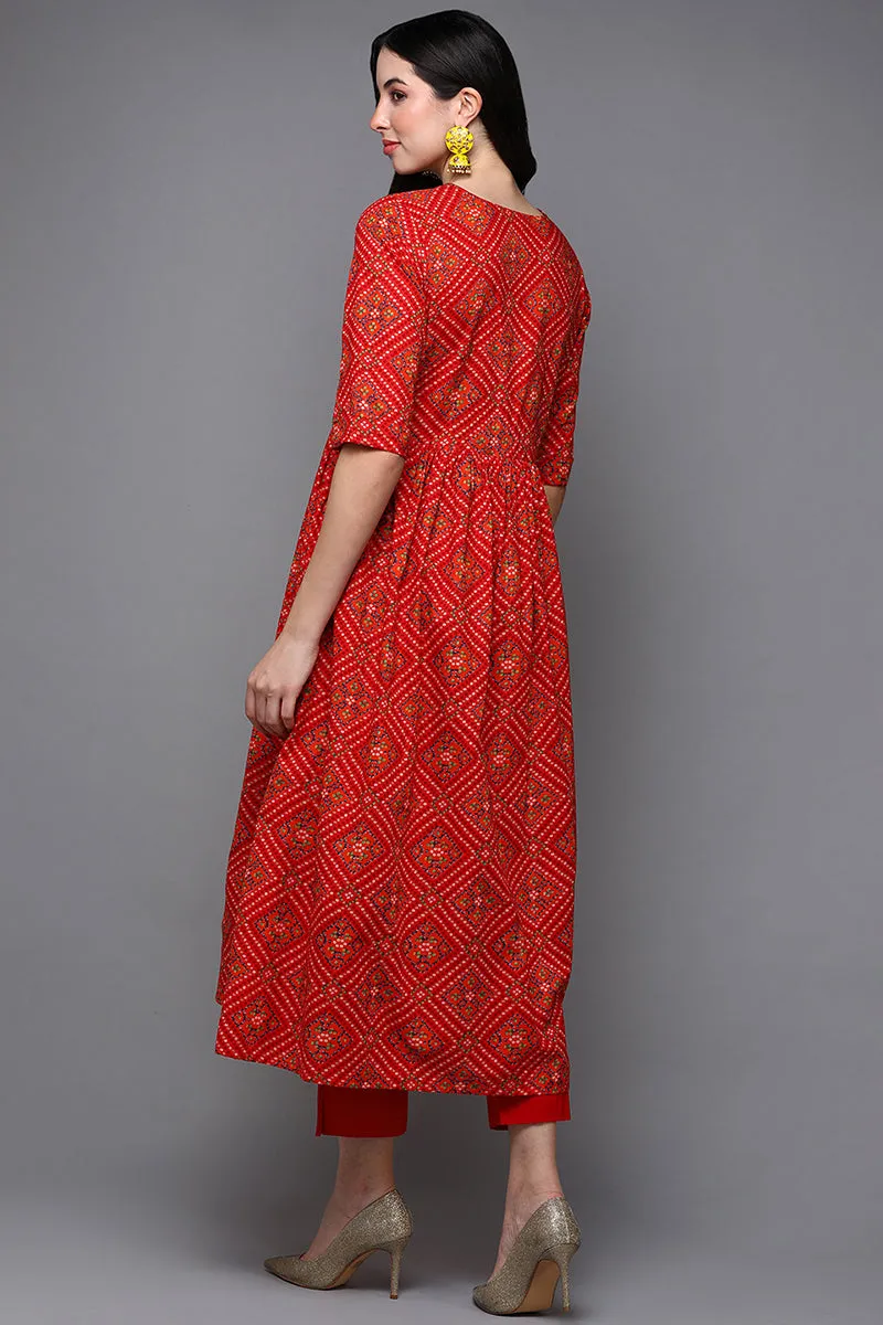 Red Cotton Bandhani A-Line Kurta