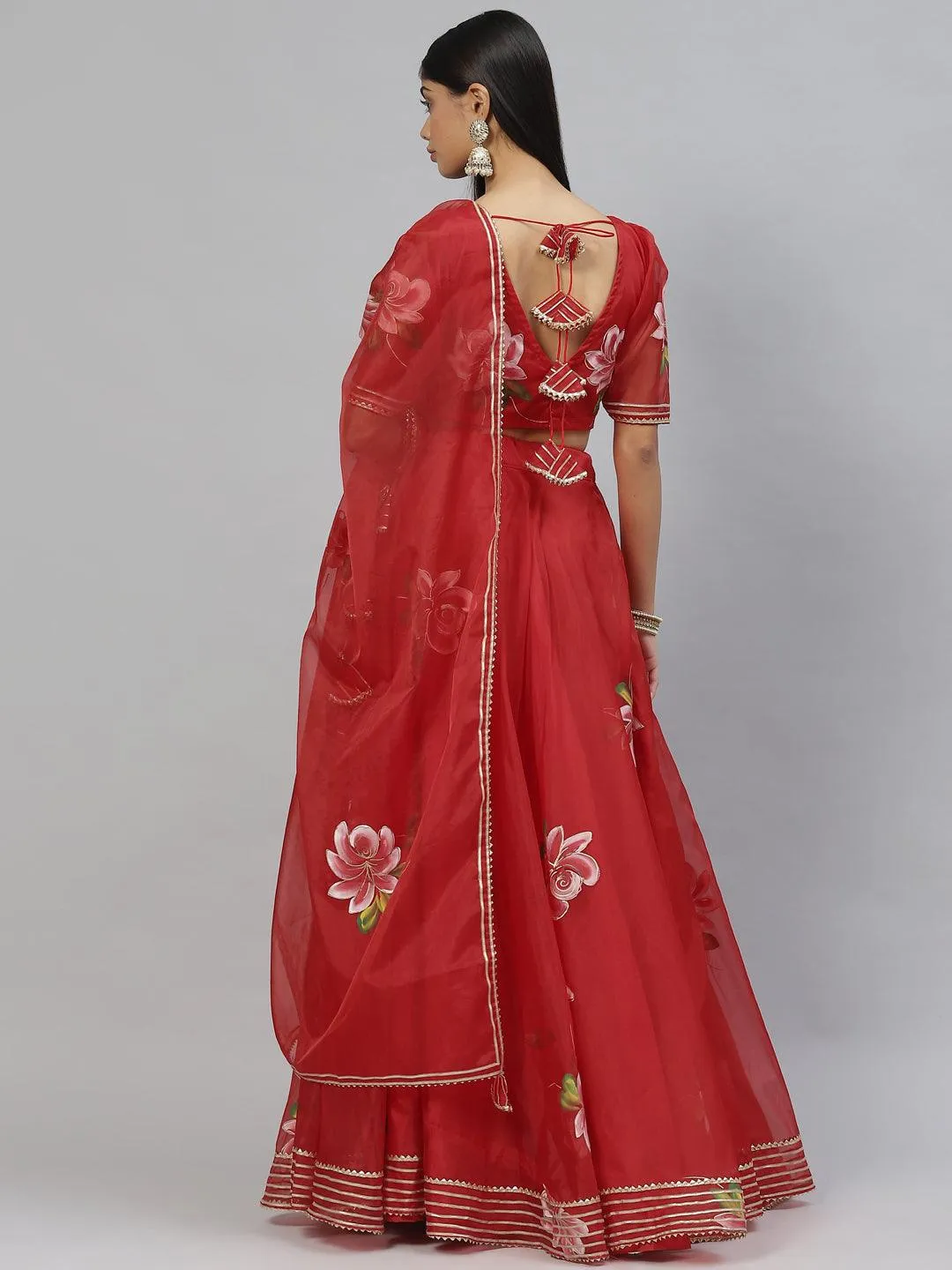 Red Hand Painted Organza Flared Lehenga Choli Set With Organza Dupatta