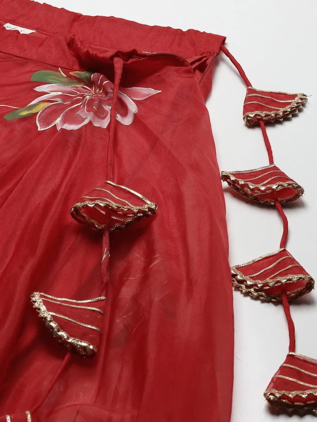Red Hand Painted Organza Flared Lehenga Choli Set With Organza Dupatta