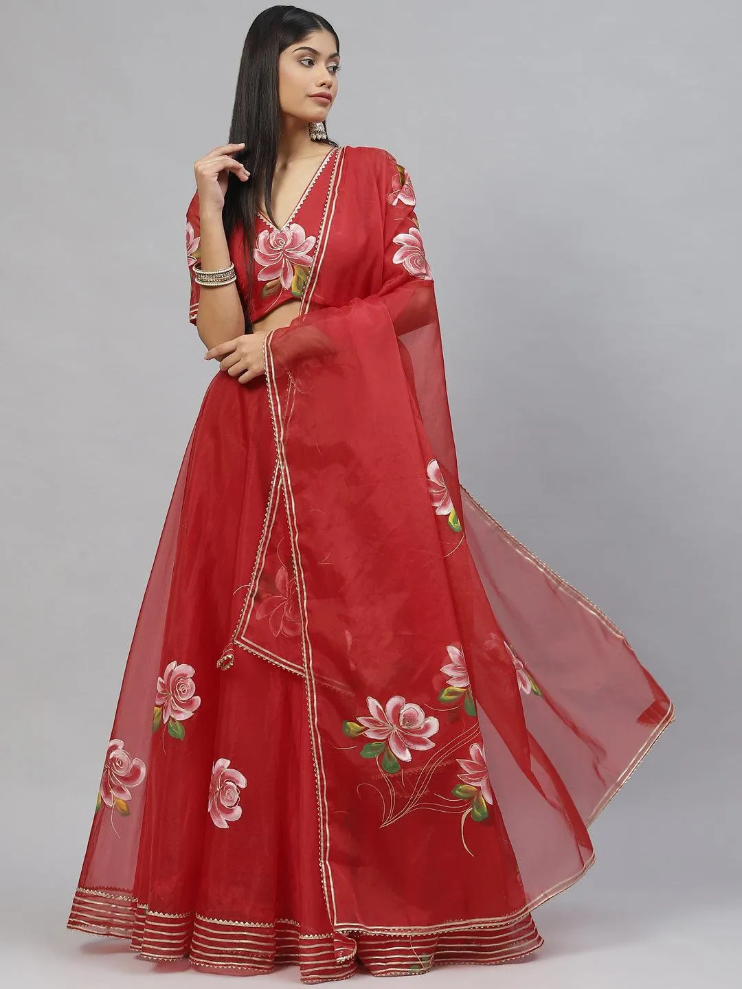 Red Hand Painted Organza Flared Lehenga Choli Set With Organza Dupatta