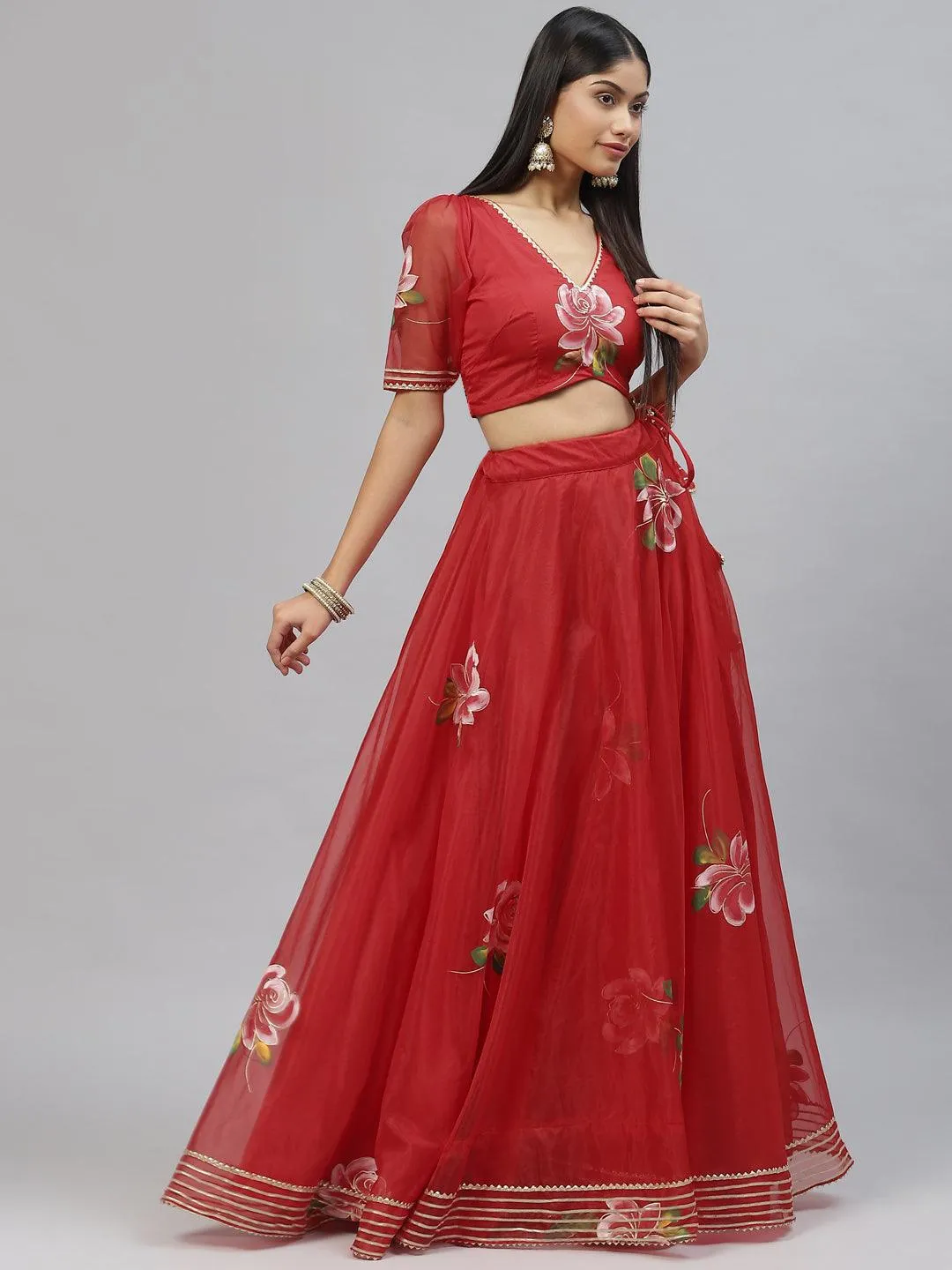 Red Hand Painted Organza Flared Lehenga Choli Set With Organza Dupatta