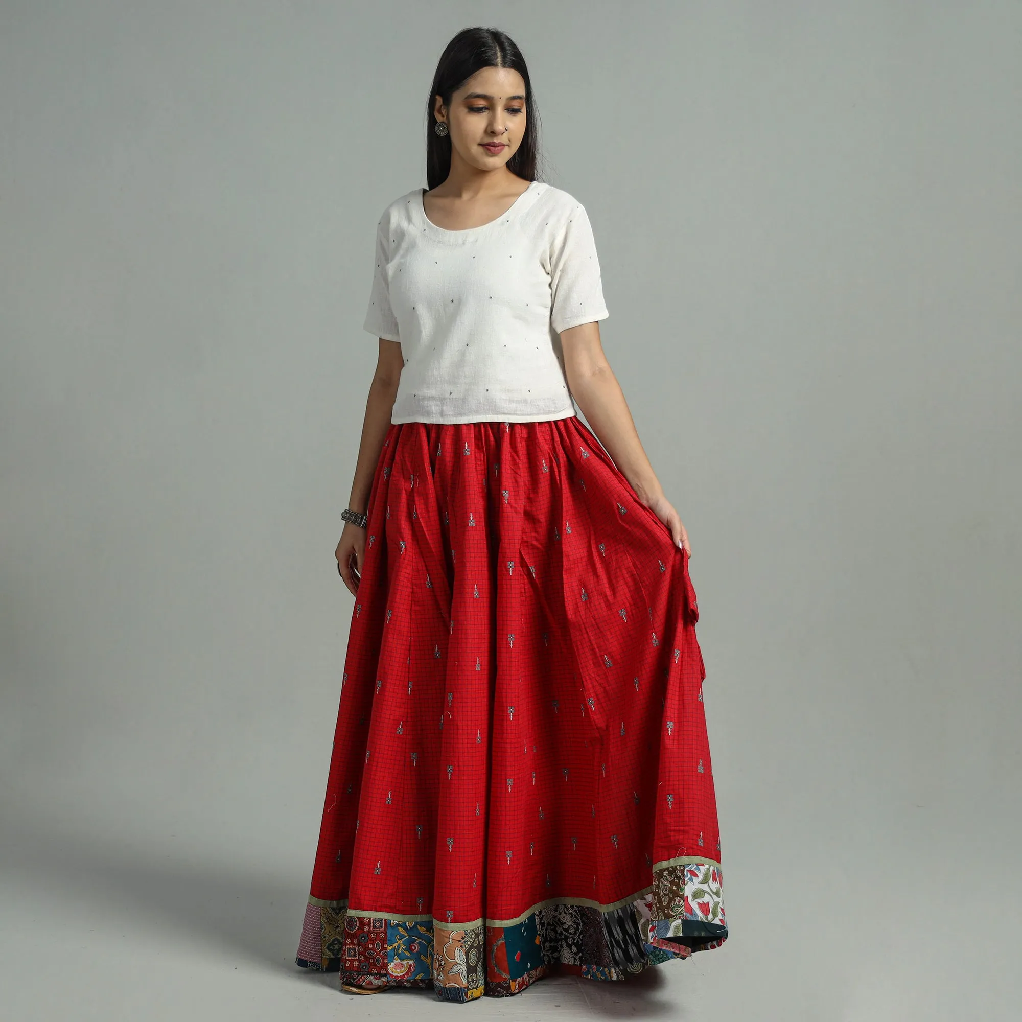 Red - Jacquard Patchwork 24 Kali Cotton Long Skirt 07