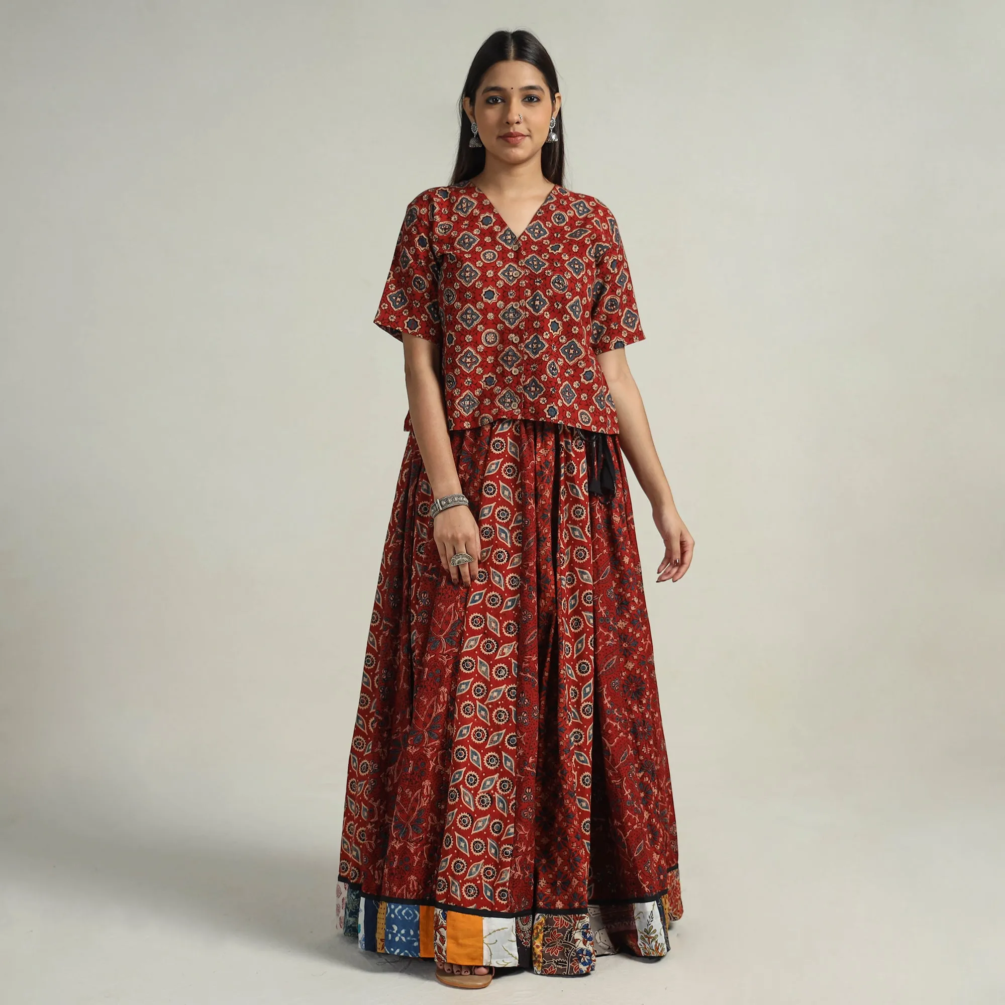 Red - Kutch Block Printed 24 Kali Cotton Long Skirt 04