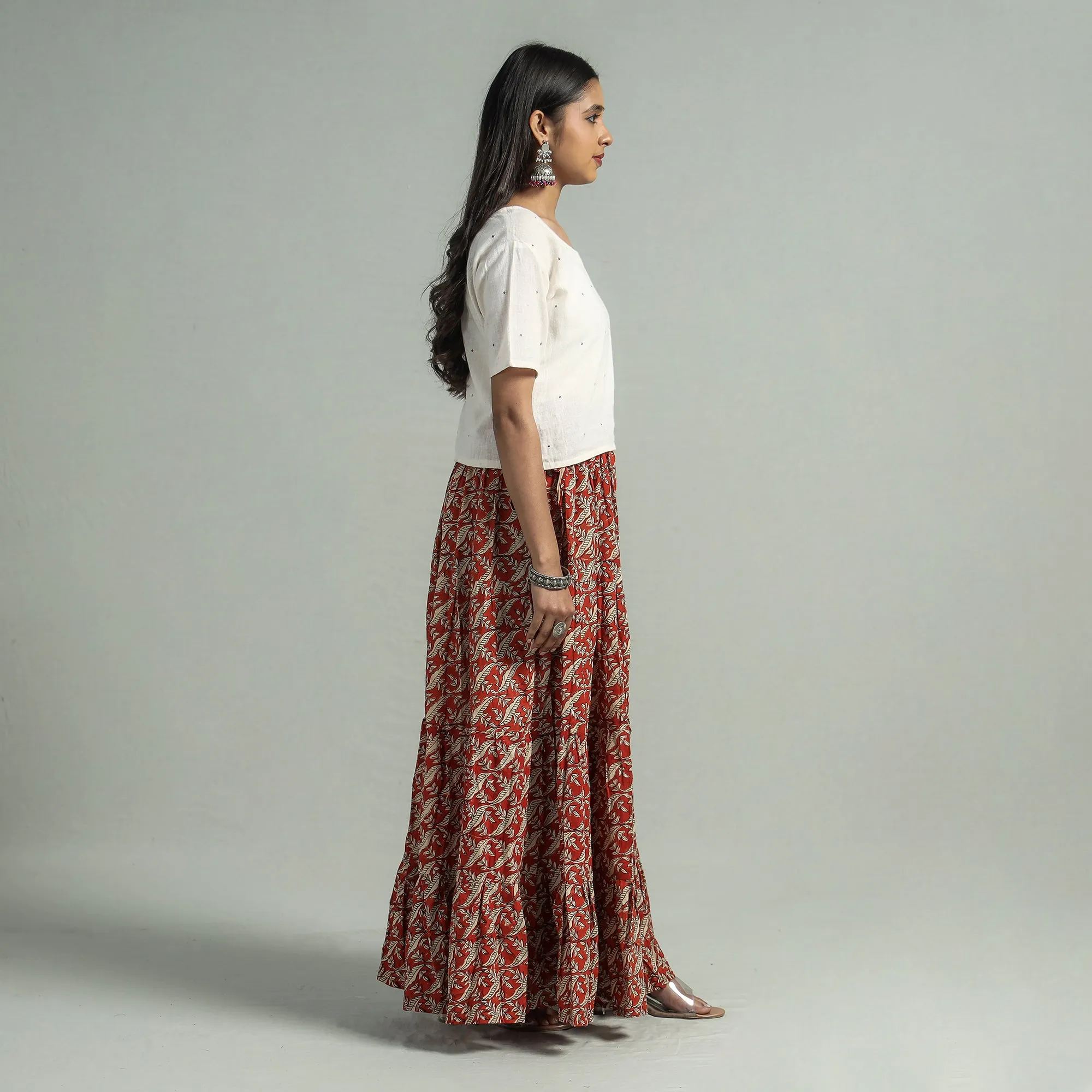 Red - Sanganeri Block Printed Tiered Cotton Long Skirt