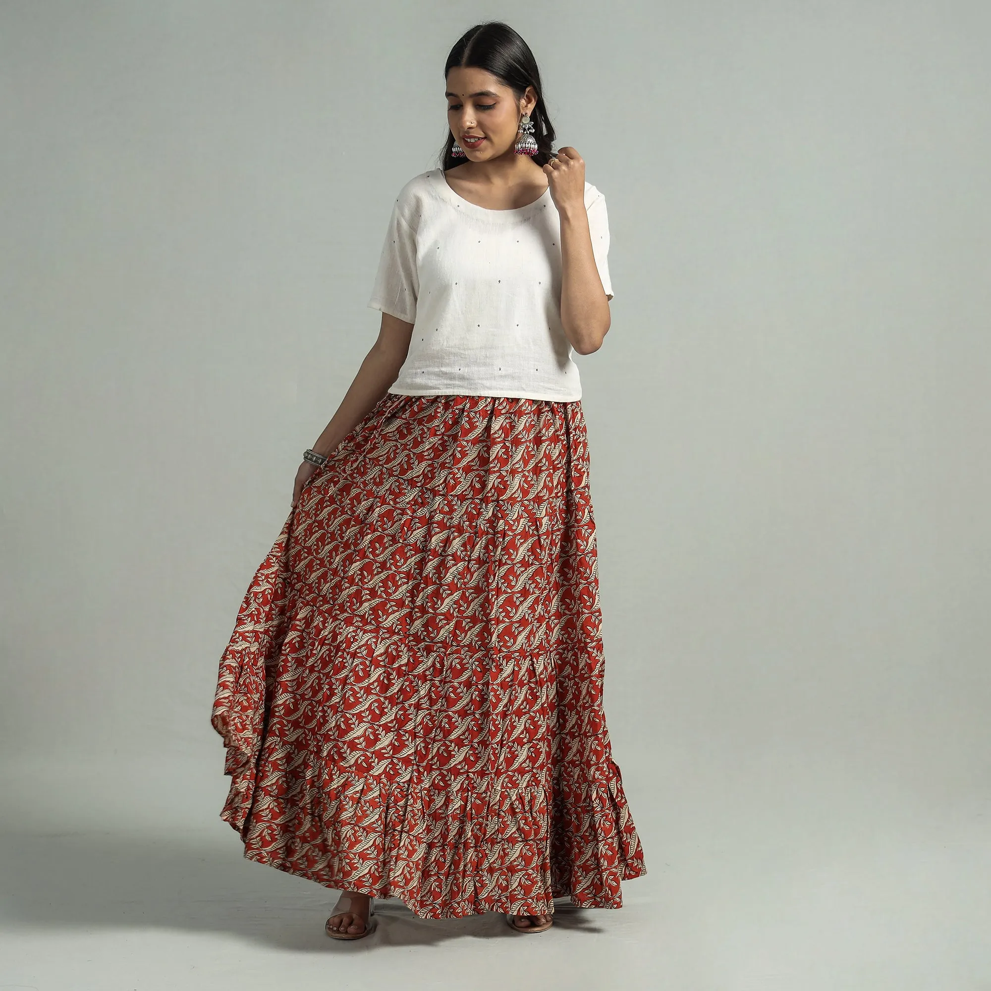 Red - Sanganeri Block Printed Tiered Cotton Long Skirt