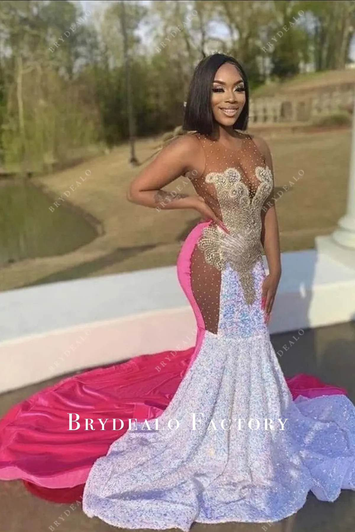 Rhinestones Sequined Two-Tone Trumpet Prom Dress