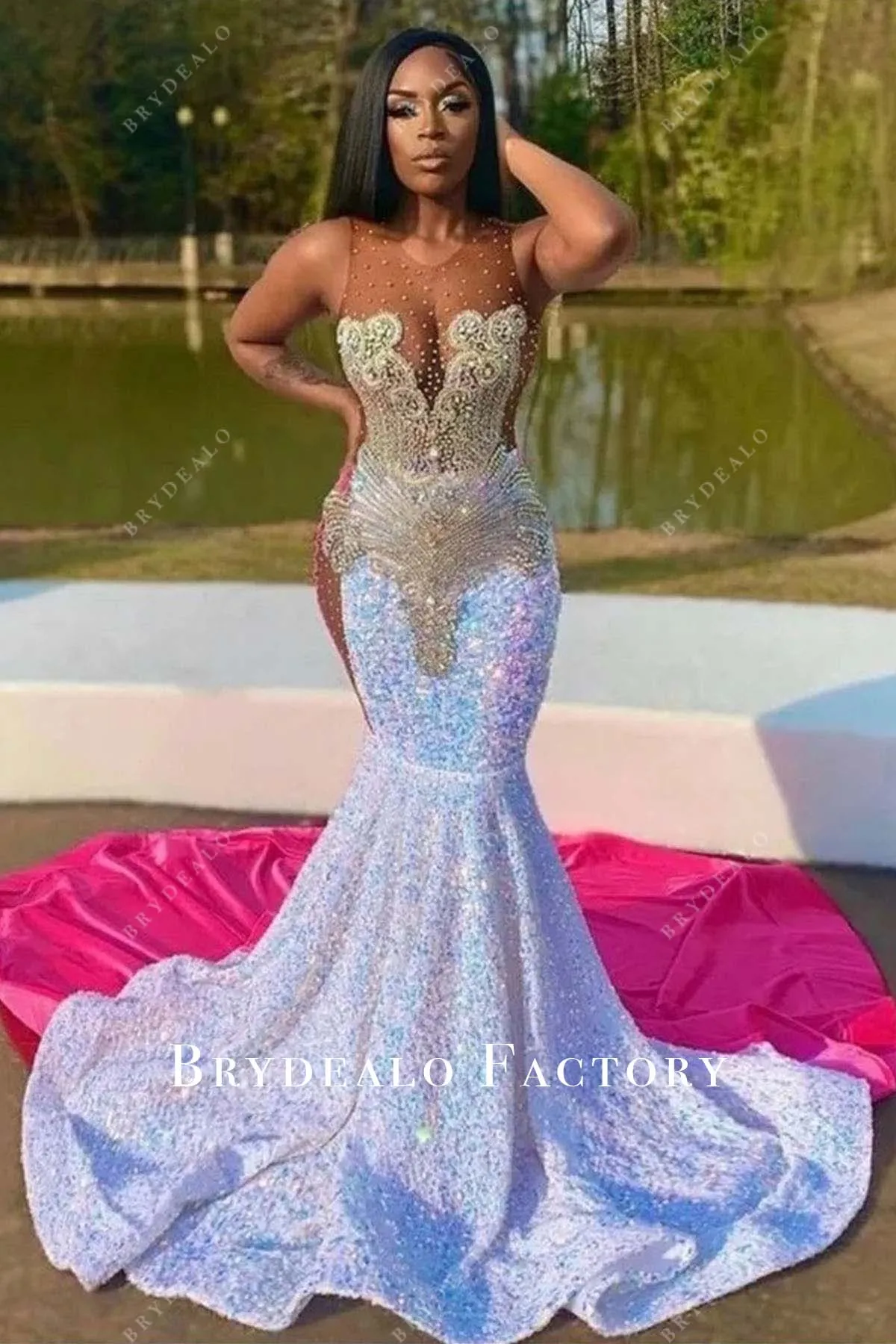 Rhinestones Sequined Two-Tone Trumpet Prom Dress